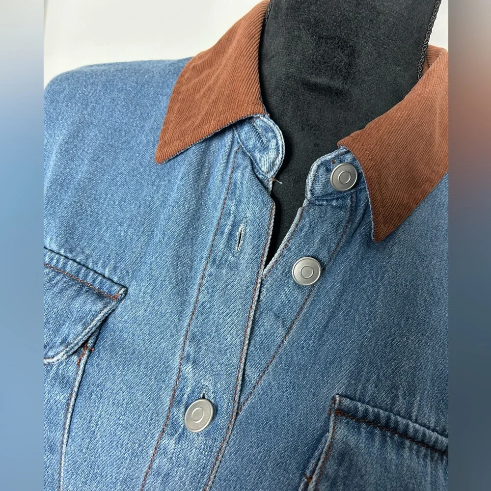 Women Denim Shirt with corduroy  brown Collar - Picture 2 of 6